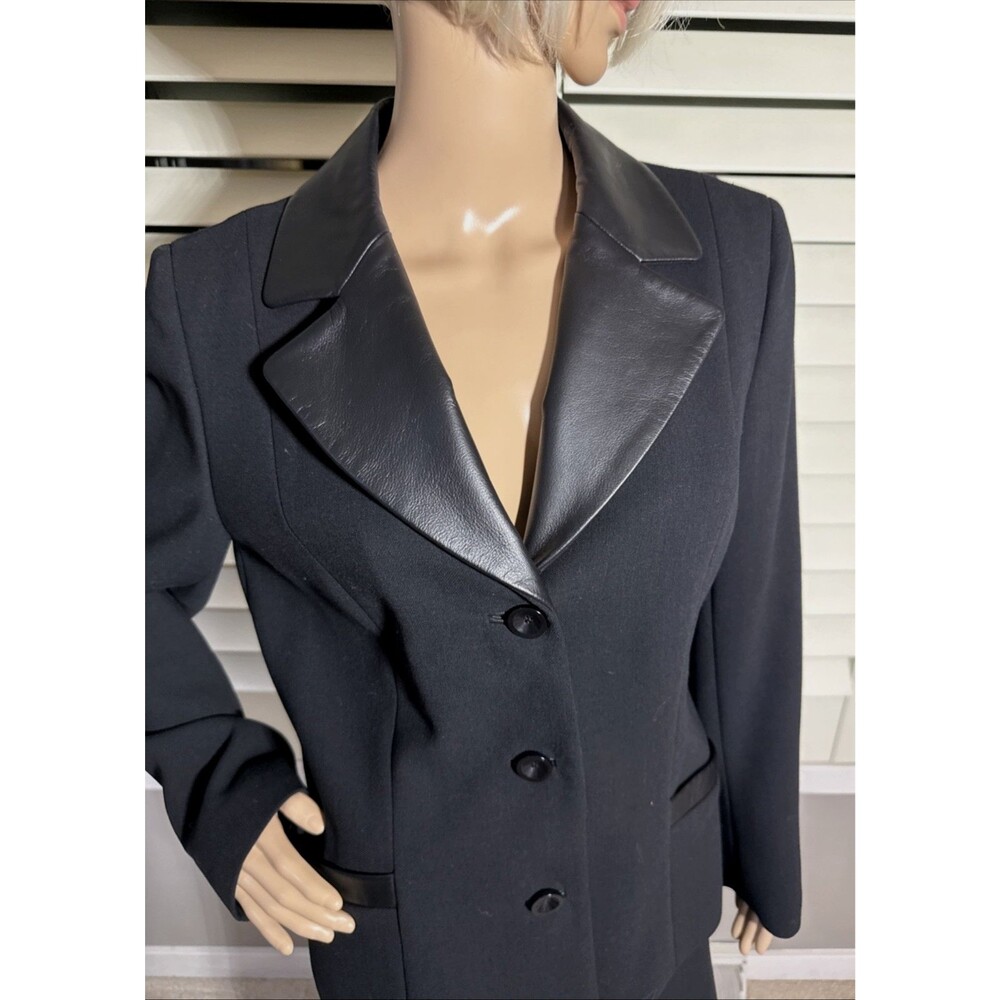 Dana Buchman 100% Wool Black Skirt Suit Leather Trim 2 Pc Blazer Set